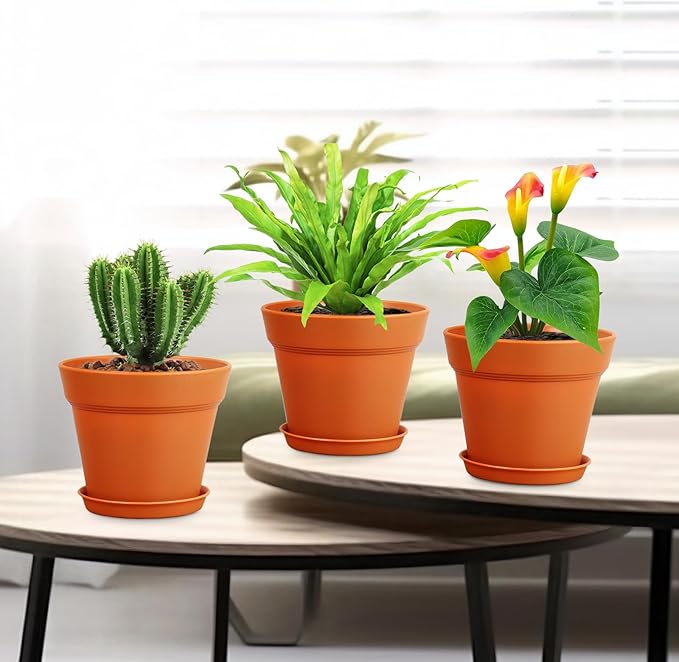 Meowell 6 inch Plastic Nursery Pots, 16 Pack Plant Pots for Indoor Outdoor Plants, Flower Pots with Drainage Holes and Saucers, Decorative Seedling Starter Planters for House Plants, Terracotta