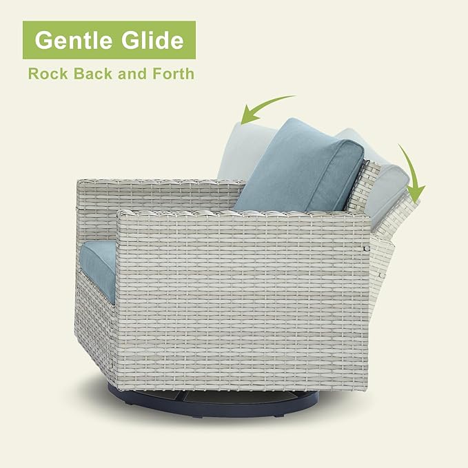 Rilyson Wicker Outdoor Patio Furniture Set - 7 Piece Patio Conversation Set with 4 Swivel Rocker Chairs,2 Rattan Ottoman and 1 Couch for Outside Porch Deck Backyard(Light Grey/Sky Blue)