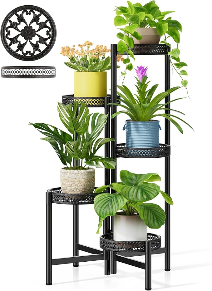 NQW Plant Stand Indoor Outdoor, 5 Tier Corner Metal Flower Display Holder Shelf, Folding Tall Rack for Patio Balcony Porch Garden Living Room House, Heavy Duty Wrought Iron Plant Shelf- BlackWave
