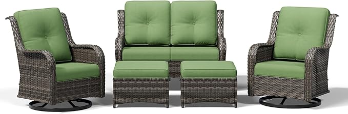 Joyside 5 Piece Wicker Patio Furniture Set, Outdoor Swivel Rocker Patio Chairs with High Back, Deep Seating, Wide Armrest, Thickened Cushions, Outdoor Furniture for Deck, Porch Use