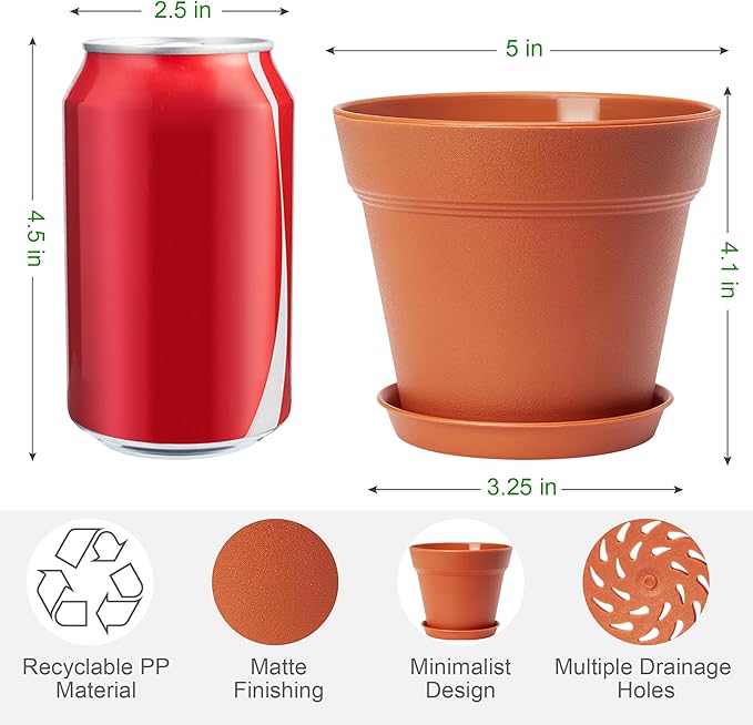 FHWTY 10 Pack Plastic Plant Pots with Drainage Holes and Tray, 5 inch Thickened Indoor Planters Seedlings Nursery Pots for Flowers, African Violet, Succulent and All House Plants, Terracotta