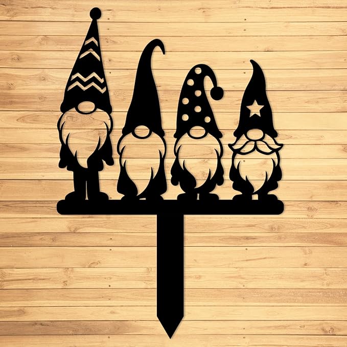 Magilab Personalized Iron Yard Stake - Christmas Cute Gnome Dwarves Decor, 8-Inch Black Metal Garden Sign for Outdoor (Style T)