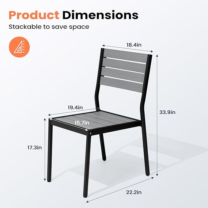 Pellebant Stackable Outdoor Dining Chairs Set of 4, Aluminum Patio Chairs with Armless, All-Weather for Garden, Lawn, Deck, Porch and Yard, Grey