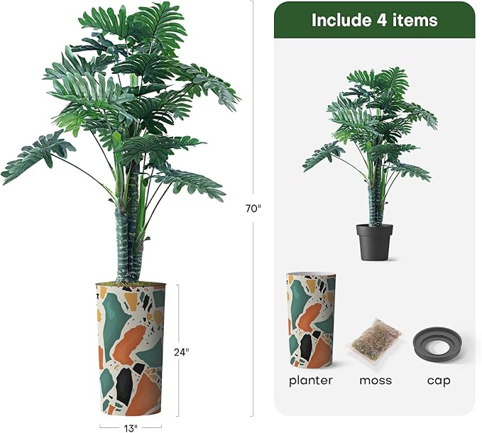 Artificial Tree in Modern Geometric Pattern Planter, Fake Philodendron Tree Silk Tree for Indoor and Outdoor Home Decoration - 70" Overall Tall (Plant Pot Plus Tree)
