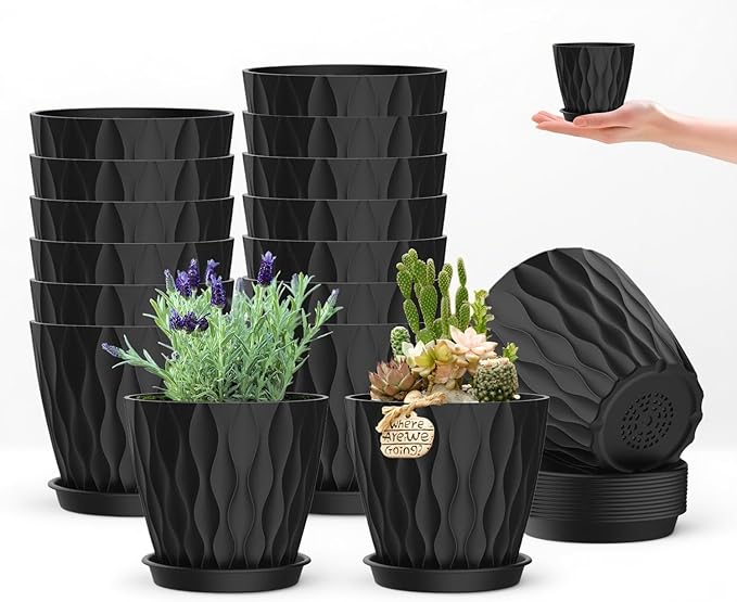 zople 16 Pack 4 Inch Plastic Planter Pots with Tray, Heavy Duty Indoor Outdoor Planter Pots with 48 Drainage Holes for Herbs, Succulents, Seedlings, Flowers Durable and Lightweight Black