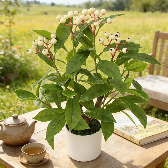 16" Artificial Potted Greenery Tree, Indoor Fake Berry Stems Tree in Pot Table Faux Green Plant for Home Desk Decor Office Kitchen Living Room Bedroom Bathroom (S, White Berry)