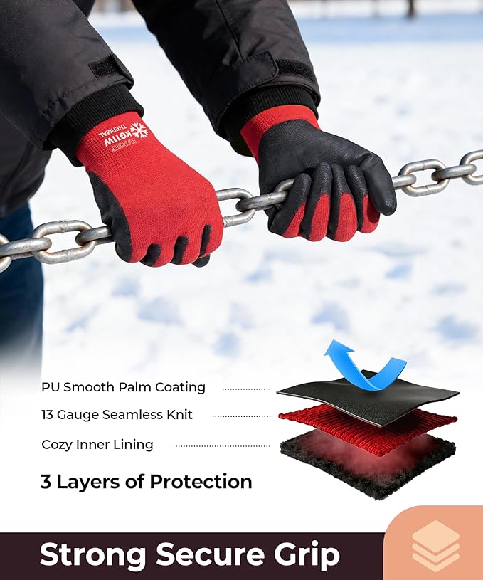 KAYGO Winter Work Gloves for Men and Women, 12 Pairs Thermal Insulated Safety Work Gloves PU Coated, Smooth Grip on Palm & Fingers,Ideal for Freezer Work,Red,L