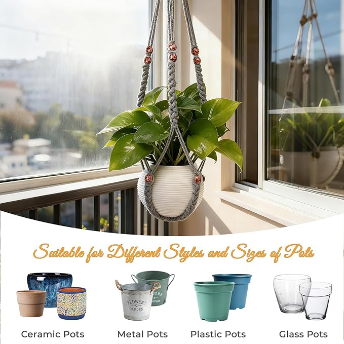 HOREAKHJ 35 Inch Macrame Plant Hanger, Large for up to 15 Inch Pot Extra Long Hanging Planter Holder Basket with Wood Beads for Indoor Outdoor Home Decor (Grey, 2-Pack)