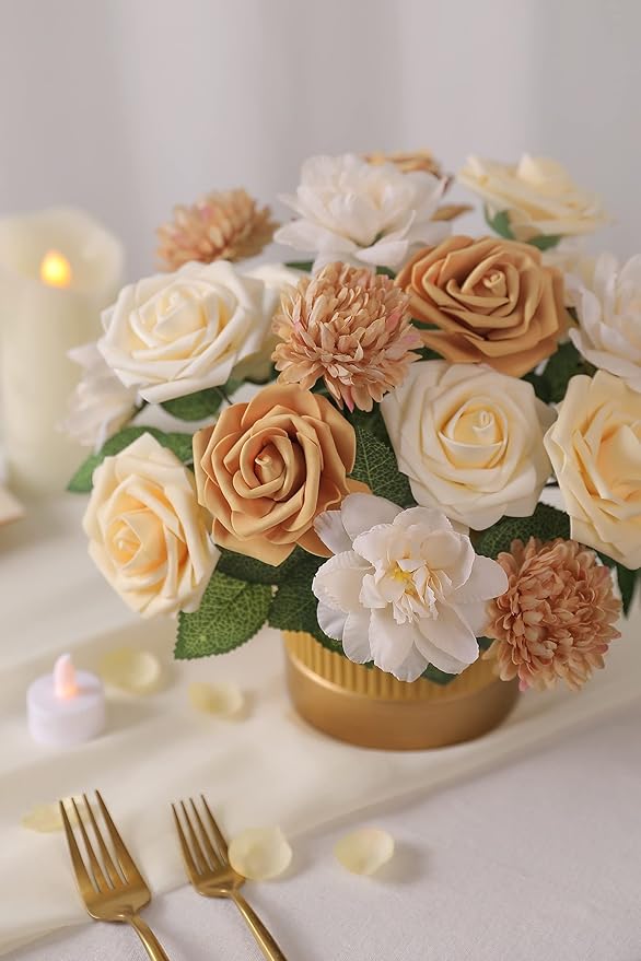 YYHUAWU White Artificial Flowers Combo Box Set Gradient Color 25pcs Fake Flowers with Stems for DIY Wedding Bridesmaid Bridal Bouquets Centerpieces Party Home Decoration (Champagne & White)