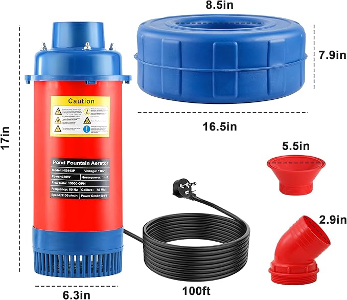 Plastic Pond Fountain Aerator, 15000 GPH Fountain Pump, 750W (1HP) Pond Pump with 100 ft Power Cord and Two 30 ft Tie-Down Ropes, Pond Aerator for Outdoor Ponds and Lakes