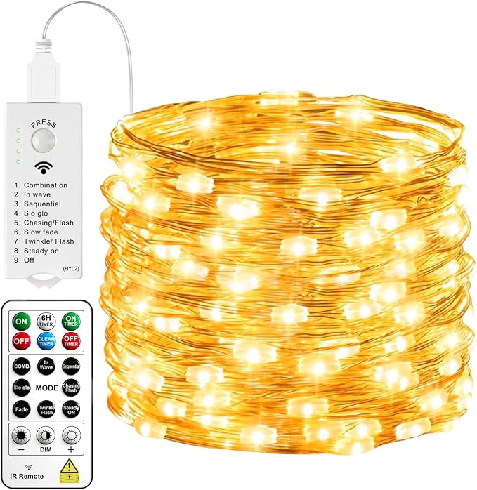 HXWEIYE Rechargeable Fairy Lights with Remote & DIY Timer, 33ft 100LED Battery Operated Twinkle String Lights, 8 Modes Decor Light for Bedroom Indoor Wedding Dorm Christmas Tree Party (Warm White)