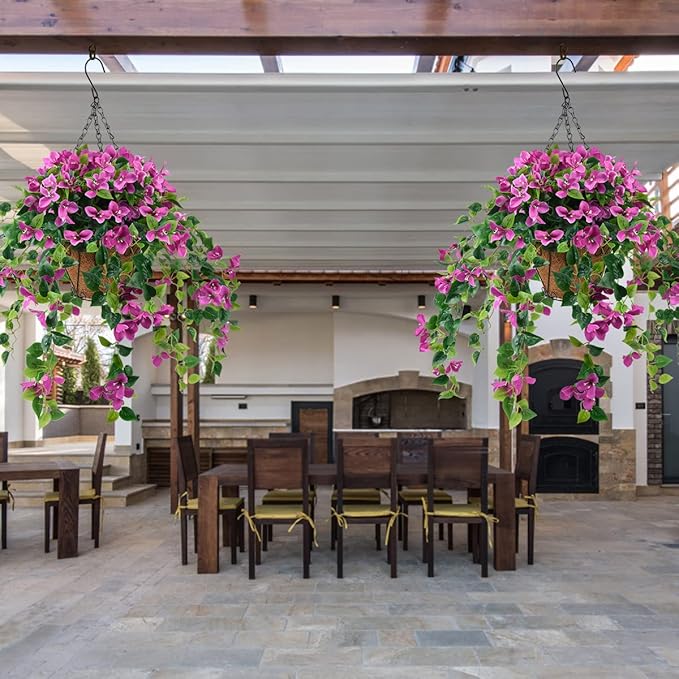 Homsunny Artificial Hanging Flowers Plants Basket for Outdoor Decoration,4 PCS Faux Silk Bougainvillea Vine Flowers Look Real UV Resistant for Outside Porch Patio Yard Garden Decor (Purple)