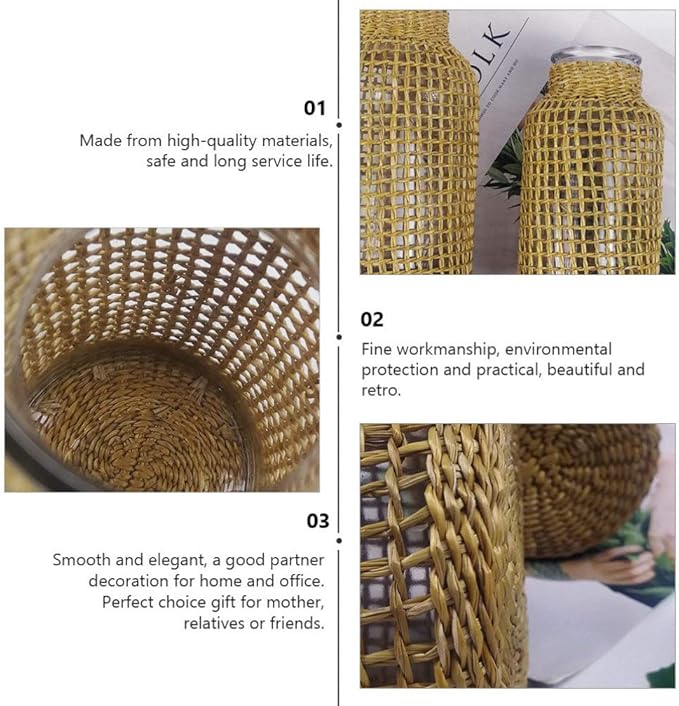 DOITOOL Rattan Vase Boho Woven Glass Vase, Country Rustic Style Wicker Floral Container, Farmhouse Flower Bottle for Floral Arrangements Housewarming Wedding Party Decoration (S+L)