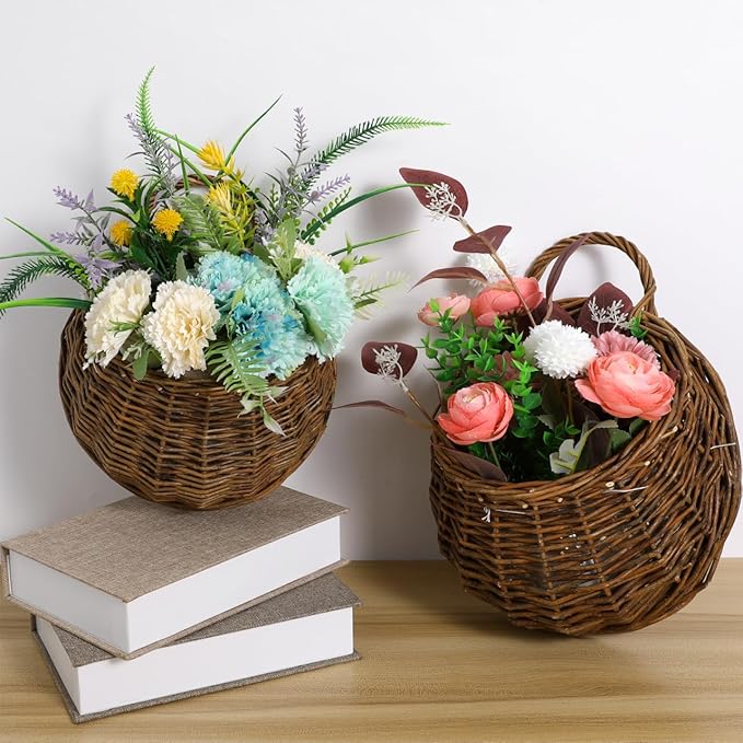 DOITOOL 2PCS Woven Hanging Wall Basket Rattan Wall Planter, Wicker Handmade Baskets Rustic Flower Pots Plant Containers for Garden Home Storage Flowers Hanging Planters