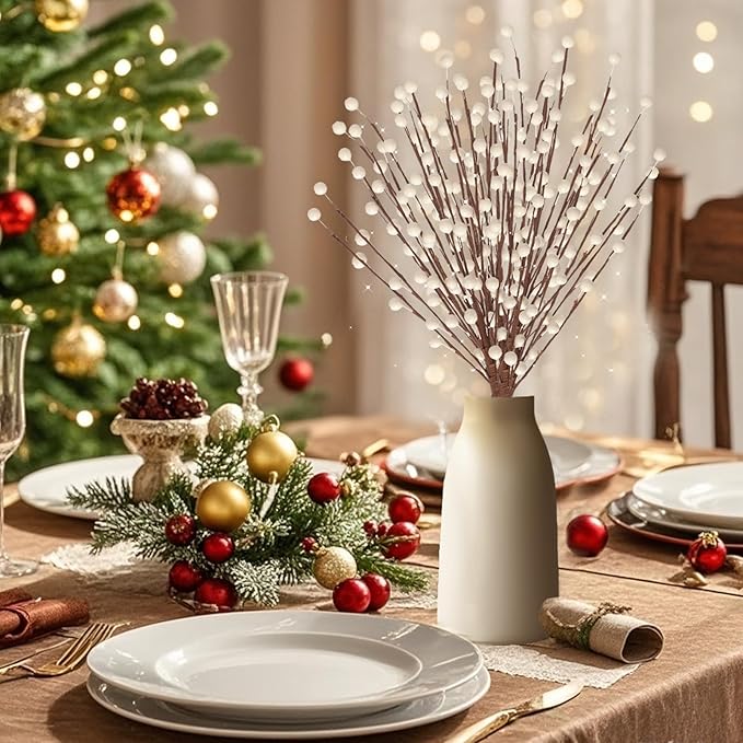 Fumwase 15 Pcs Artificial White Berry Stems and Picks for Christmas Tree, Valentines, Home, Holiday, Wedding, DIY Crafts Decor