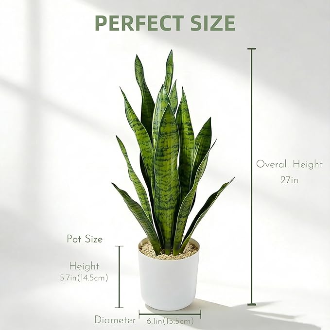 Fake Snake Plant, 27in Fake Plant with White Pot Realistic Leaves, Low Maintenance Artificial Potted Plants for Indoor Decor, No Watering Needed, Perfect for Home, Office & Pet Areas