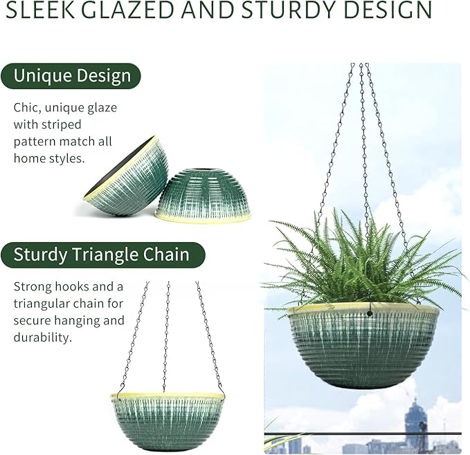 LESOASIS 10inch Hanging Planter, 2 Pack Hanging Planters for Indoor and Outdoor Plants, Glazed Hanging Plant Holder with Drainage, Indoor Hanging Flower Pots for Garden Home (Green Glaze)