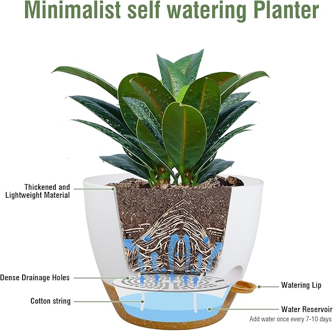 Meowell 12 inch Large Self Watering Pots for Indoor Outdoor Plants, Plant Pots with Mesh Drainage Holes for Garden House Plants, Plastic Planters with Reservoir for Flower Plants, White with Brown