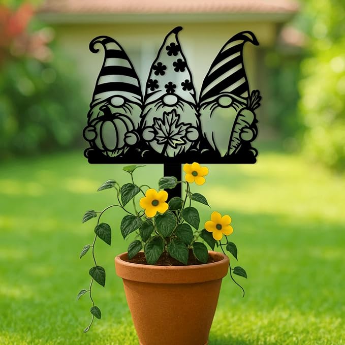 Magilab Personalized Iron Yard Stake - Christmas Cute Gnome Dwarves Decor, 8-Inch Black Metal Garden Sign for Outdoor (Style F)