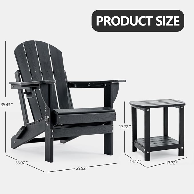 Folding Adirondack Chair Set with Side Table - HDPE Outdoor Patio Chairs, Weatherproof Chair with Reclining Back, Cup & Phone Holder, and 2-Tier Storage End Table for Firepit or Garden (Black)