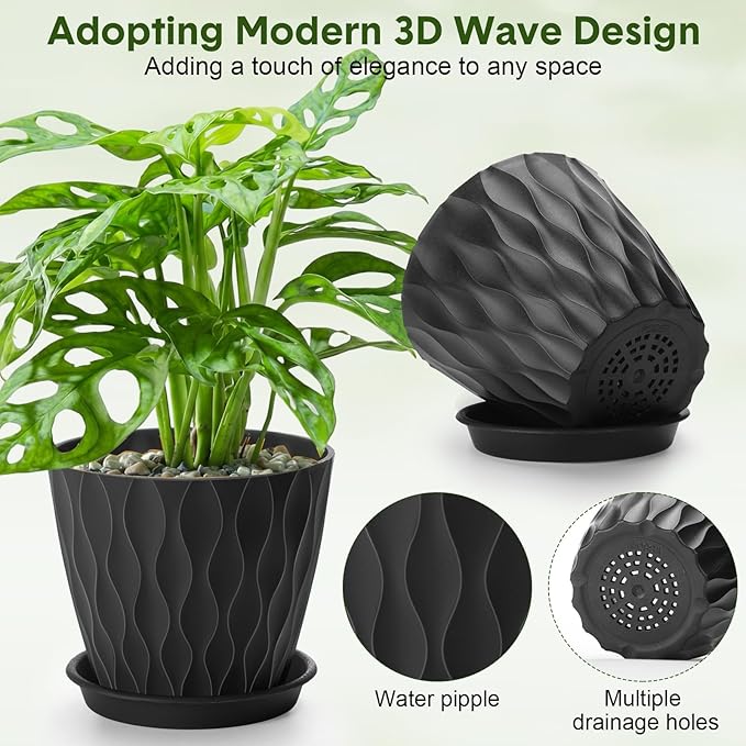 Acellegic 24 Pack 4 Inch Small Pots for Succulents, Waffle Texture Pots with Tray, Plastic Planter with Drainage Holes and Saucers, for Indoor Outdoor Plants Flowers, Seedlings (Black)