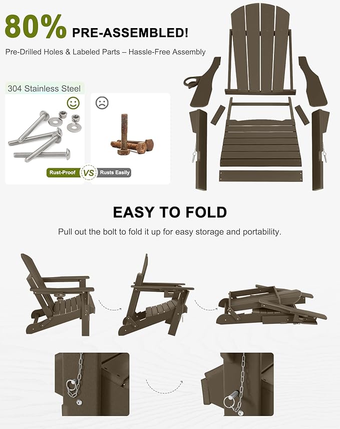 Folding Adirondack Chairs Set of 4 - Plastic Adirondack Chairs with Cup Holder, Weather Resistant for Outdoor, Patio, Lawn, Garden, Backyard Deck, Fire Pit - Dark Brown