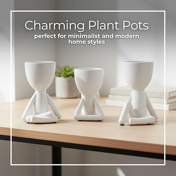 Ceramic Figurine Planter Set – Room Decor and Small Planter Use, Shelf, Desk, or Tabletop Placement – Modern Art-Inspired Sculptures for Garden & Home Decor – 6" & 5" & 6", White