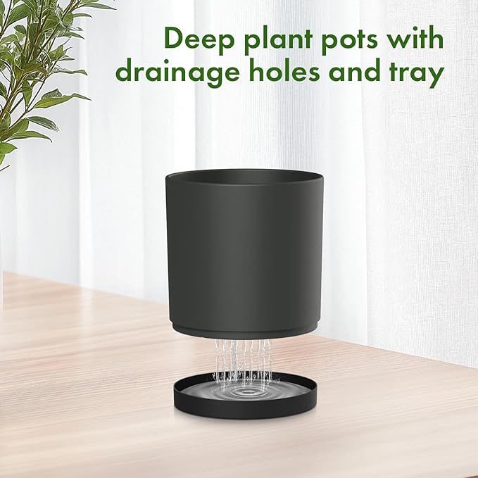 Meowell 10/8/6 inch Large Deep Plant Pots for Outdoor Indoor Plants, 3 Pack Tall Cylinder Flower Pots with Drainage Holes and Saucers, Big Plastic Planter Pots for Garden House Porch, Black