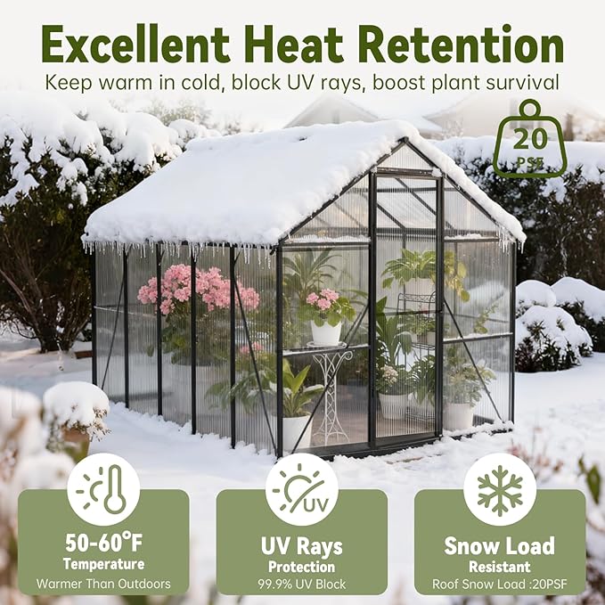 8X10 FT Greenhouse for Outdoors, Polycarbonate Walk-in Green House for Outside, Reinforced Aluminum Frame Greenhouses, Heavy Duty Garden, Patio, Backyard Flower Planting