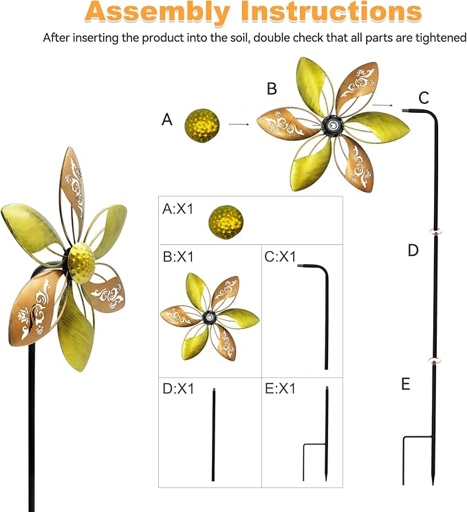 Gronhof Wind Spinners Outdoor Metal, 10.63" W*37" H Pinwheels for Yard and Garden Decor, Kinetic Wind Sculpture Spinner (Gold Ornate Laser-Cut Floral)