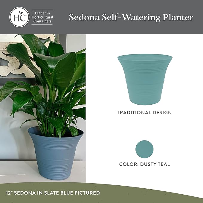 The HC Companies 7 Inch Sedona Round Self Watering Planter Pots, Lightweight UV-Resistant Plastic Indoor & Outdoor Planters, 4-Pack Flower Pots for Garden & Home Decor, Dusty Teal
