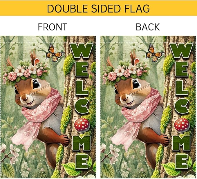 Spring Summer Garden Flag Decorations 12x18inch Burlap Double Sided Squirrel Summer Garden Flags For Outside Yard Home Outdoor Patio Lawn Decor,Welcome Garden Banner (RMQ86, 12"X18")