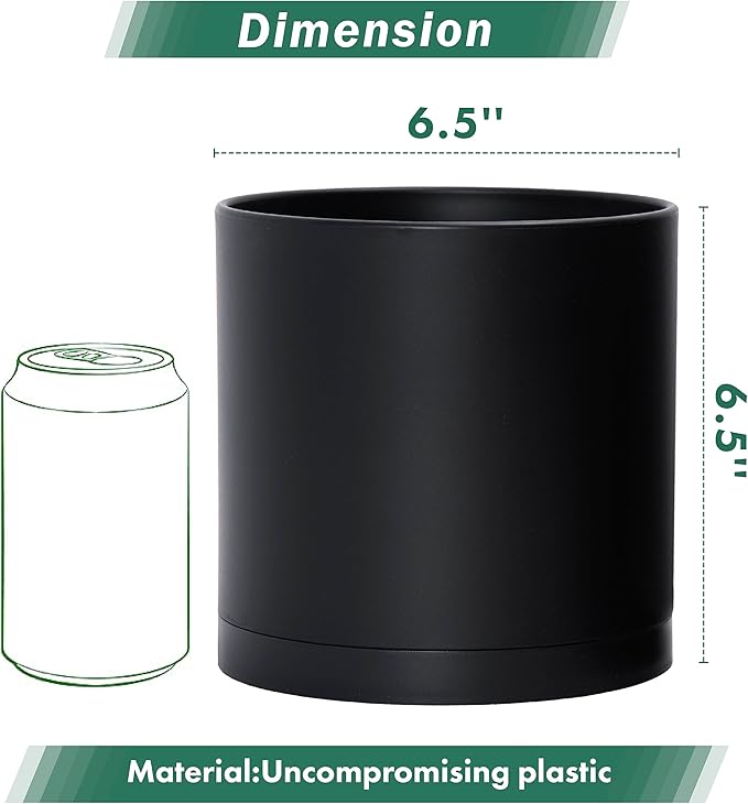 D'vine Dev 2 Pack 6.5 Inch Modern Plastic Plant Pots, Small Garden Planters for Plant with Drainage Holes and Saucers, Black Color, 74-Y-L-1