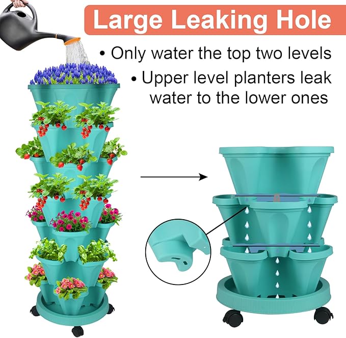 DUNCHATY Stackable Planter, Vertical Garden Planter with Wheels and Tools, Self Watering Strawberry Planter Indoor/Outdoor 7 Tier Herb Planter Pots for Growing Vegetables and Succulents, Teal