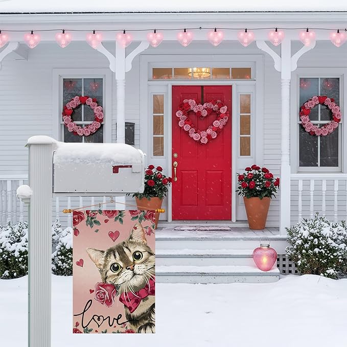 Valentine’s Day Romantic Roses Love Hearts Cat Garden Flag Yard Flag 12x18 Inch Double Sided Small Mini Yard Outdoor Outside Holiday Decoration