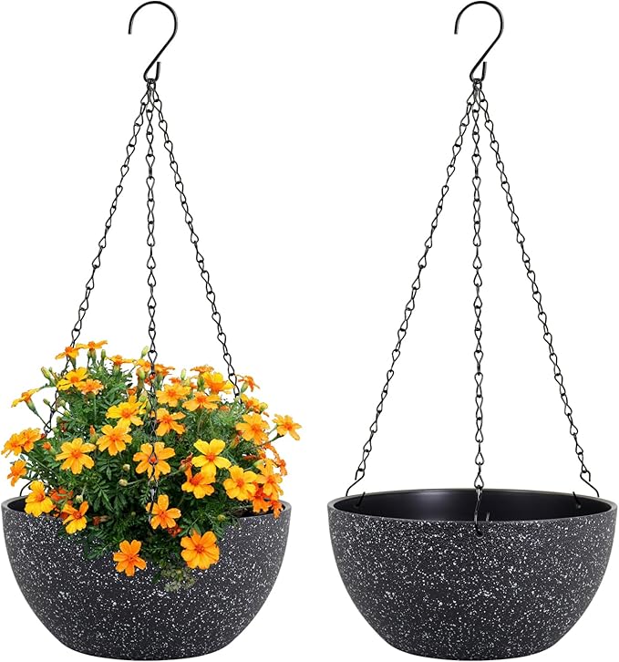 Meowell 10 inch Hanging Planters for Indoor Outdoor Plants, 2 Pack Hanging Flower Plant Pots with Drainage Holes and Chain for Garden Porch, Plastic Hanging Baskets for House Plants, Speckled Black