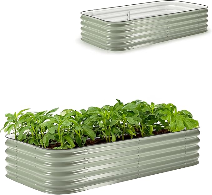 Epic Gardening 6-in-1 Modular Galvanized Raised Garden Bed Kit, 15" Food-Safe Medium Metal Planter Box, Oval Raised Garden Beds Outdoor for Vegetables, Flowers, Herbs, and Fruits - Mist Green
