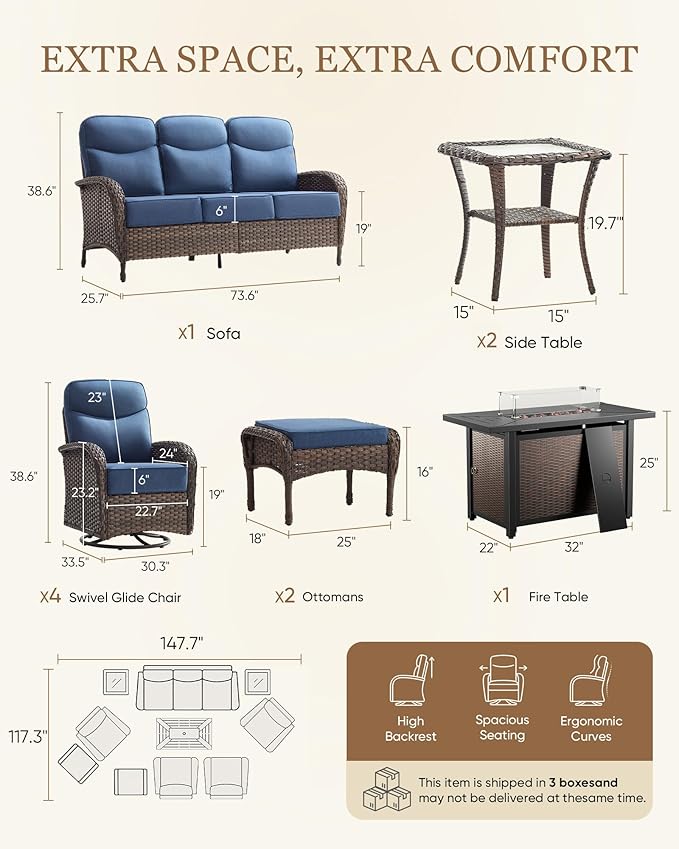 Belord Upgraded 6“ Cushion Luxury 10 Piece Patio Furniture Set with Fire Pit Table - Outdoor Couch & High Back Swivel Rocker Patio Chairs Set, Wicker Outdoor Furniture for Deck Porch Yard - Brown/Blue