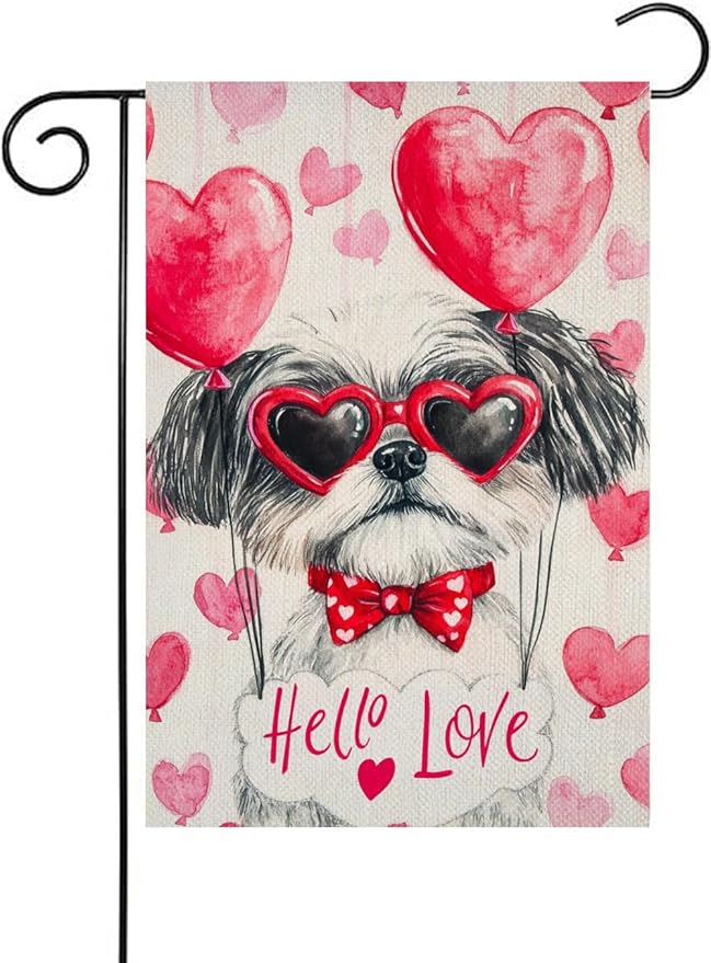 Valentine's Day Shih Tzu Hello Love Garden Flag, House Yard Plaid Love Heart Outside Decoration, Spring Holiday Wedding Anniversary Outdoor Small Decor 12x18(12640)