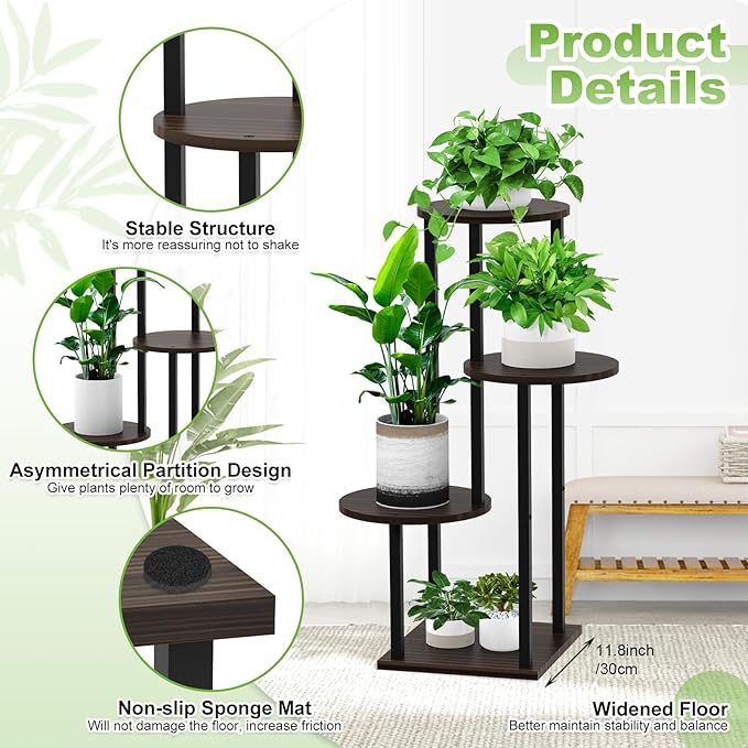 YOCOMEY Plant Stand Indoor, 4 Tier Thickened Metal Corner Plant Shelf for Multiple Plants, Indoor Plants Tiered Flower Pot Stand for Patio Garden Balcony Living Room Bedroom(Black Oak)