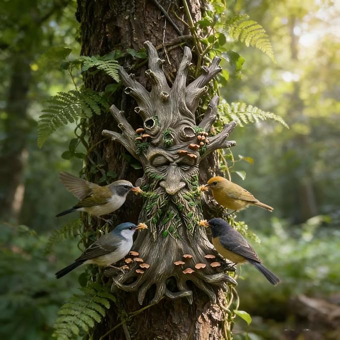 Tree Spirit Garden Sculpture, Super Bowl Party Decor Valentine‘s Day Gift Decorative Tree Face with Mushrooms and Leaves, Outdoor Art Decor.