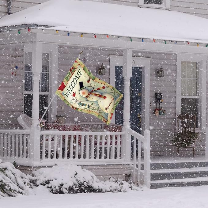 Morigins Welcome Friends Snowman and Cardinals Decorative Happy Winter House Flag 28x40 inch