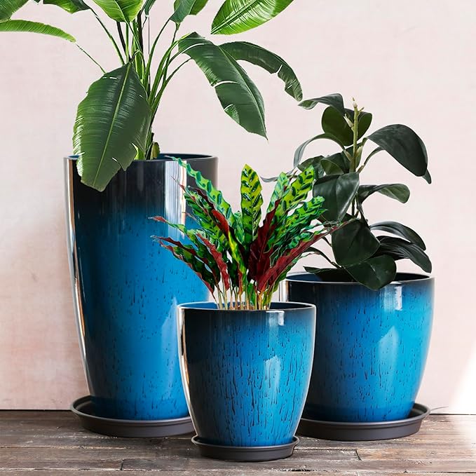 SE SUN-E Large Plastic Planters with Tray 11"/12"/21" H Set of 3 for Indoor Outdoor Lightweight Use, Decorative Flower Pots Tall Plant Pot of Garden, Patio, Front Porch Corner Blue Color Round