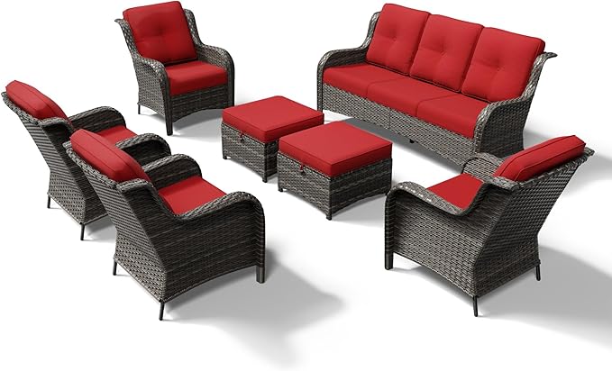 Joyside 7 Piece Wicker Patio Furniture Set, Rattan Patio Chairs with High Back, Deep Seating, Wide Armrest, Thickened Cushions, Outdoor Furniture for Deck, Porch Use