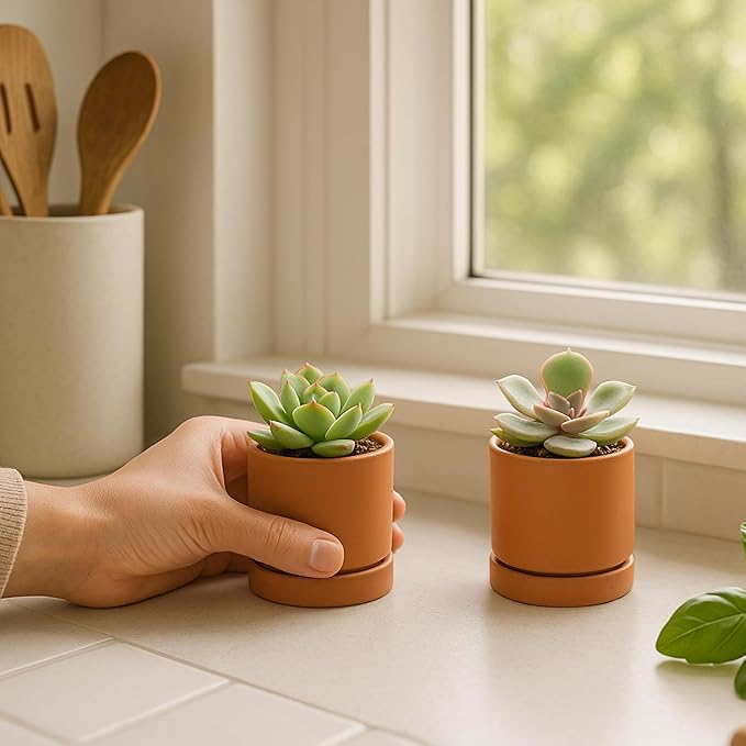 D'vine Dev XX-Small 3 Inch Terracotta Plant Pot with Drainage Hole and Saucer, Round Cylinder Planter Pot for Indoor Plants, Set of 2, 40-X-B-0