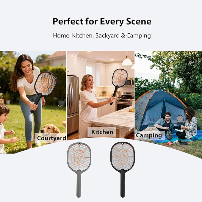 2-Pack Electric Fly Swatter – Battery Powered Mosquito & Bug Zapper Racket with Safe Mesh & Wall-Mount Design for Indoor and Outdoor Use (Black & Gray)