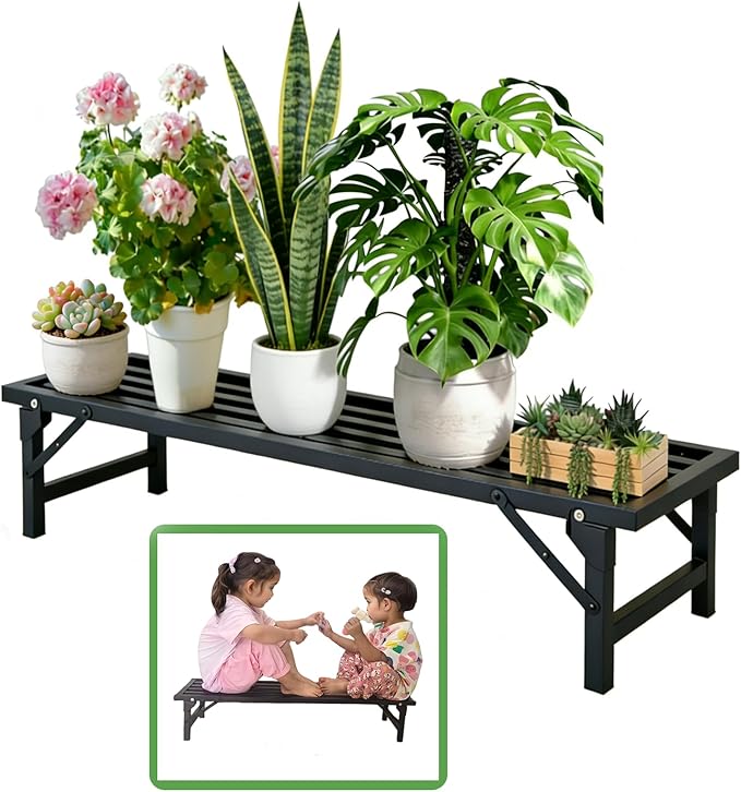 Single Tier Metal Plant Stand, Long Narrow Foldable Plant Stand for Indoor Outdoor, Heavy Duty Waterproof Plant Holder for Living Room Balcony Garden Window Patio，Plant Lovers, Display Stand （L33" x H7.8" x W9.7")