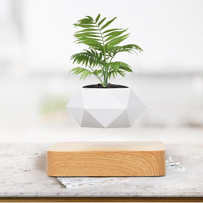 Leekimid Levitating Plant Pot, Magnetic Levitation Flower Pot Suspension Floating Plant Succulents, Air Bonsai Potted Plant for Home Decoration, Living Room, Office, Desk (White)