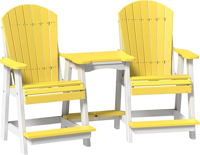 LuxCraft Poly Tete-a-Tete Patio Table and Counter Height Balcony Chairs with Umbrella Hole, Weatherproof Outdoor Patio Furniture Set for Outside - Amish Made in USA (Yellow & White)
