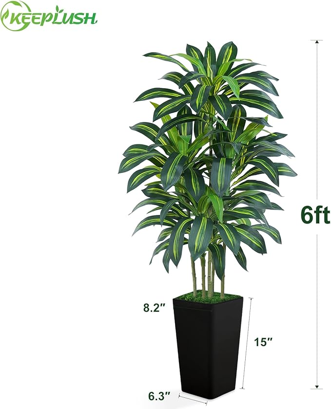 Keeplush 6FT Artificial Dracaena Tree - High-Density Foliage Fake Plant with Black Tall Planter - Faux Yucca Floor Plant for Home Office Decor Indoor